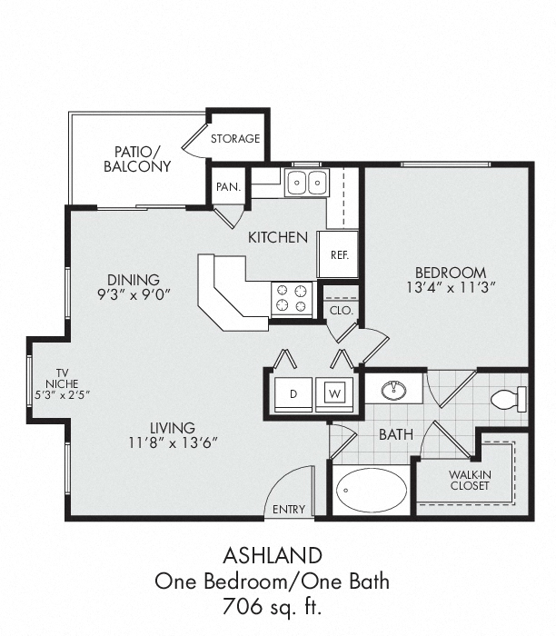 Floor plan for 1 bed, 1 bath, 706 sqft
